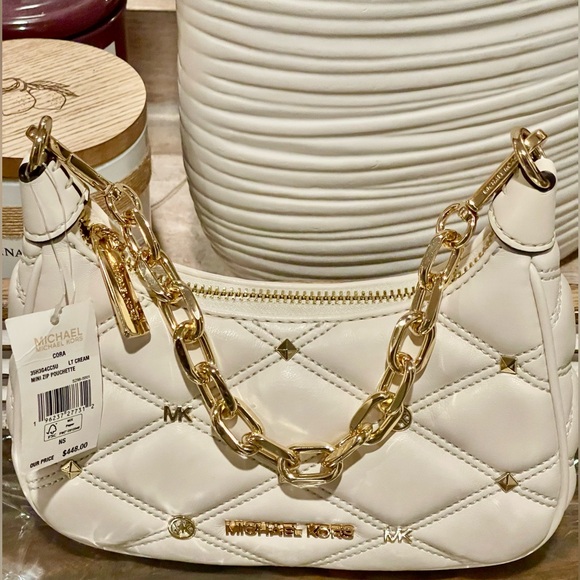 MICHAEL KORS MINI ZIP POUCHETTE NWT WITH GOLD STUDDED/MK HARDWARE CHAIN STRAP. - Picture 1 of 12